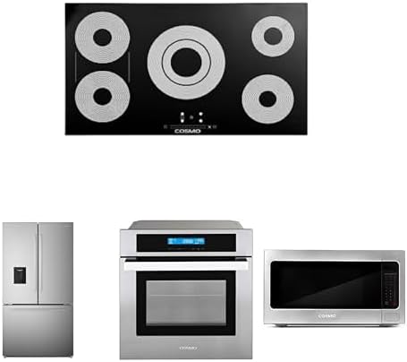 COSMO 4-Piece Kitchen Appliance Packages, 36" Electric Cooktop, 36" French Door Refrigerator, 24" Wall Oven and 24" Countertop Microwave
