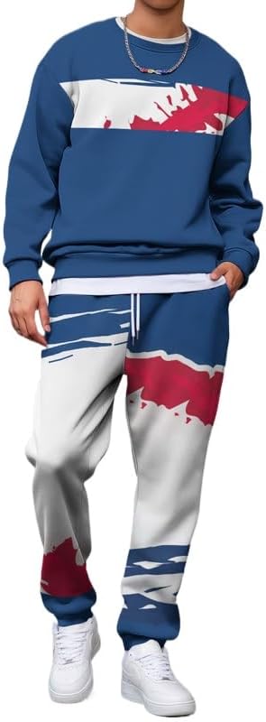 VIDI Men's round neck printed sweatshirt long pants set, street retro long sleeved sportswear, jogging pants two-piece set
