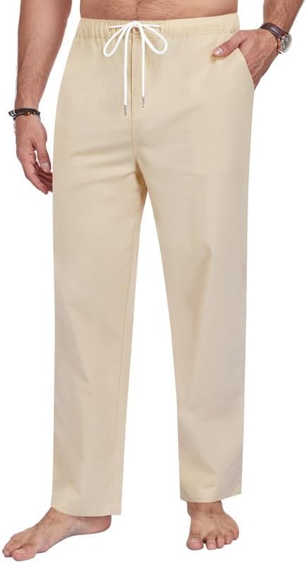 Men's Cotton Linen Pants Casual Loose Fit Elastic Waist Drawstring Trousers Summer Vacation Beach Pant with Pockets