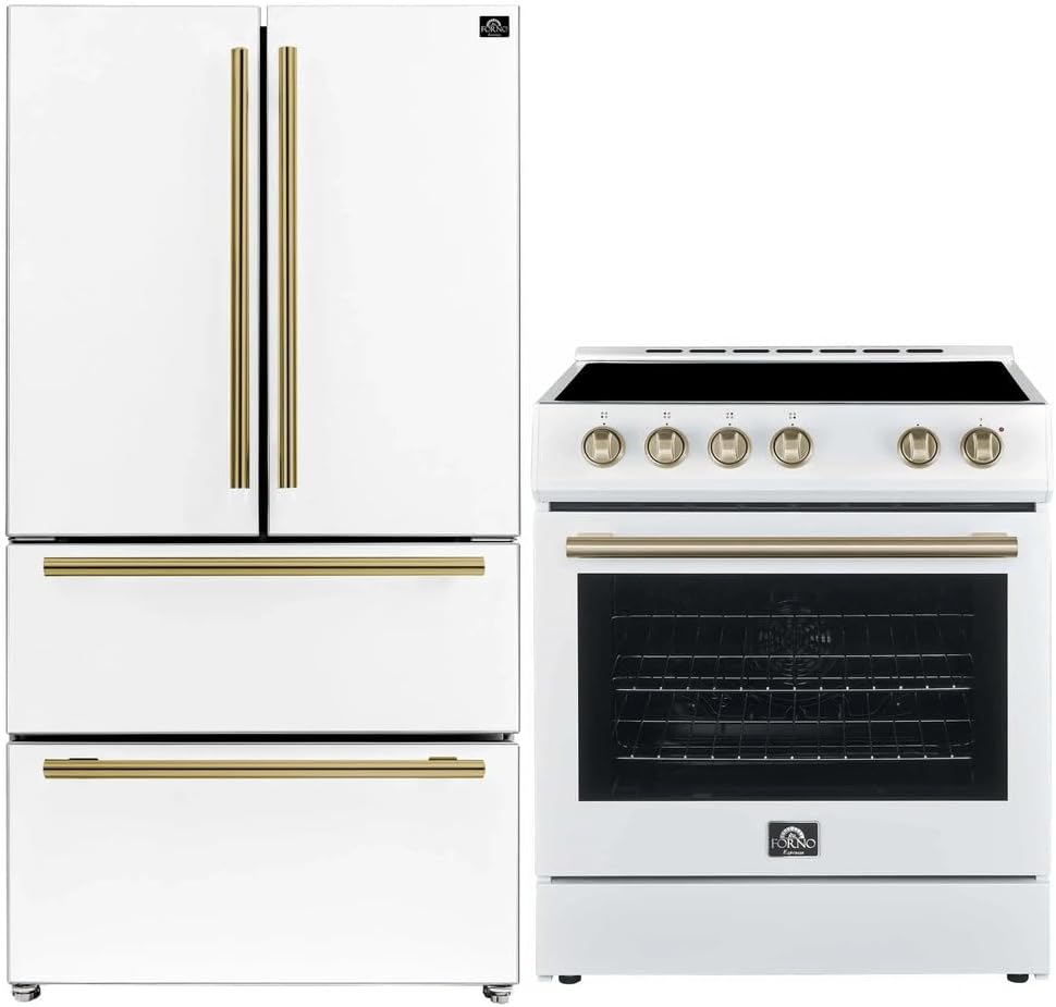 FORNO Premium 2-Piece Appliance Package – Leonardo Espresso 30-Inch Electric Range – Moena 36-Inch French Door Refrigerator – White with Antique Brass and Stainless Handles – FBDL-003-09US