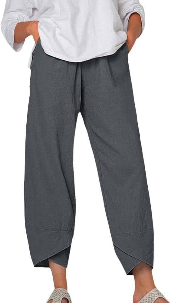 Zaswen Womens Cotton Linen Capri Pants High Waisted Comfy Baggy Trousers Solid Color Pant Casual Loose Fit Pants with Pockets