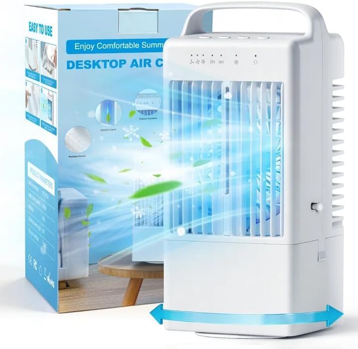 Portable Air Conditioners, 3 Speeds 120° Oscillation, Mini Air Conditioner | 2/4H Timer, 40dB, RGB Night Light, 900ML Tank Ac Units for Bedroom, Office, Home, Camping, Car, Desktop