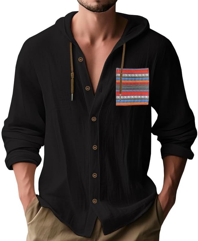 DMOYALA Men's Long Sleeve Shirts Cotton Linen Button Down Hoodies Casual Trendy Loose Fit Boho Vacation Shirts with Pocket