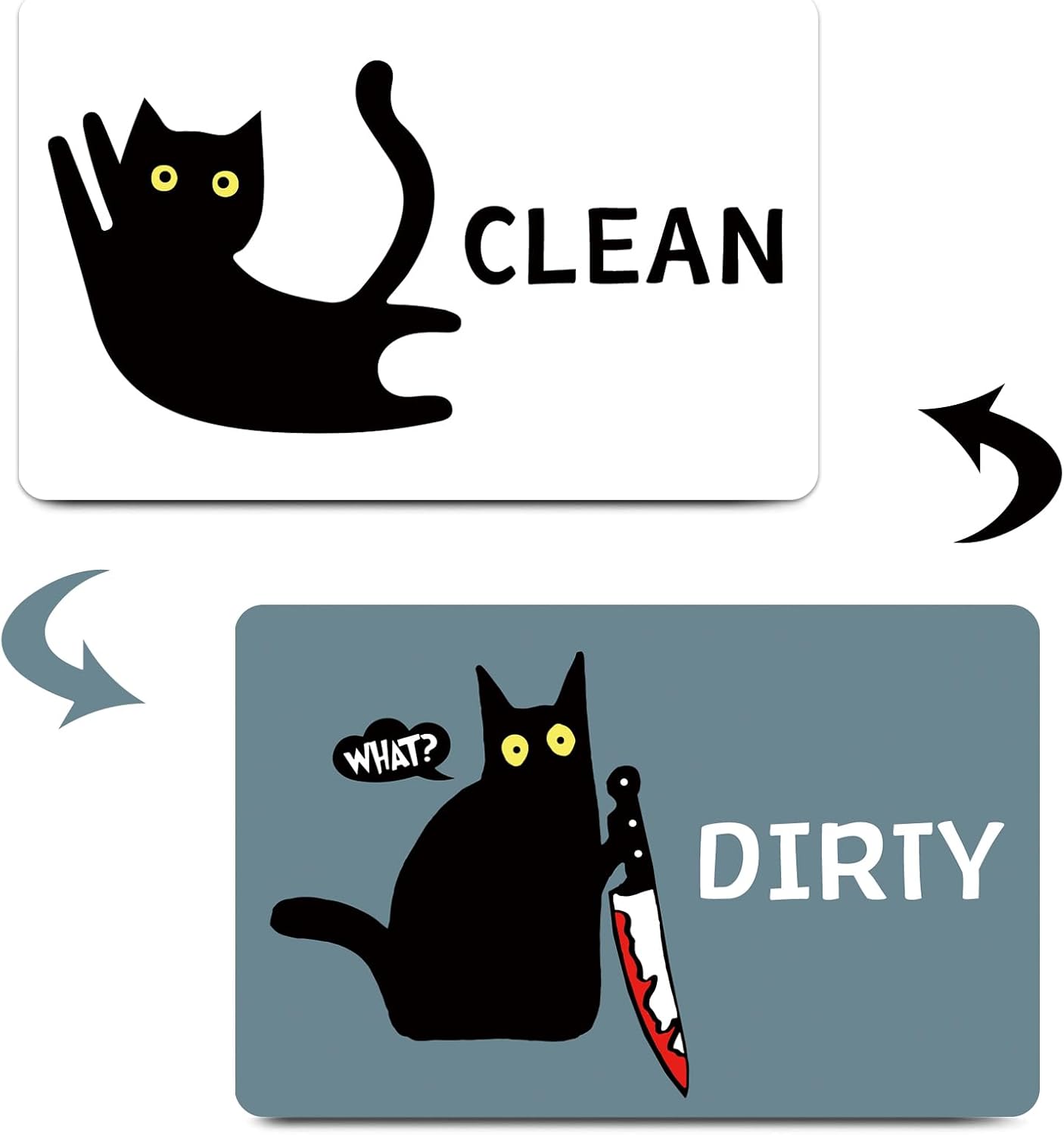 Funny Cat Cute Cartoon Clean Dirty Dishwasher Magnet, Washing Machine Magnet Flip, Black Cat Kitchen Refrigerator Clean Dirty Sign, Double Sided Strong/Non Scratch(White & Dark Blue)