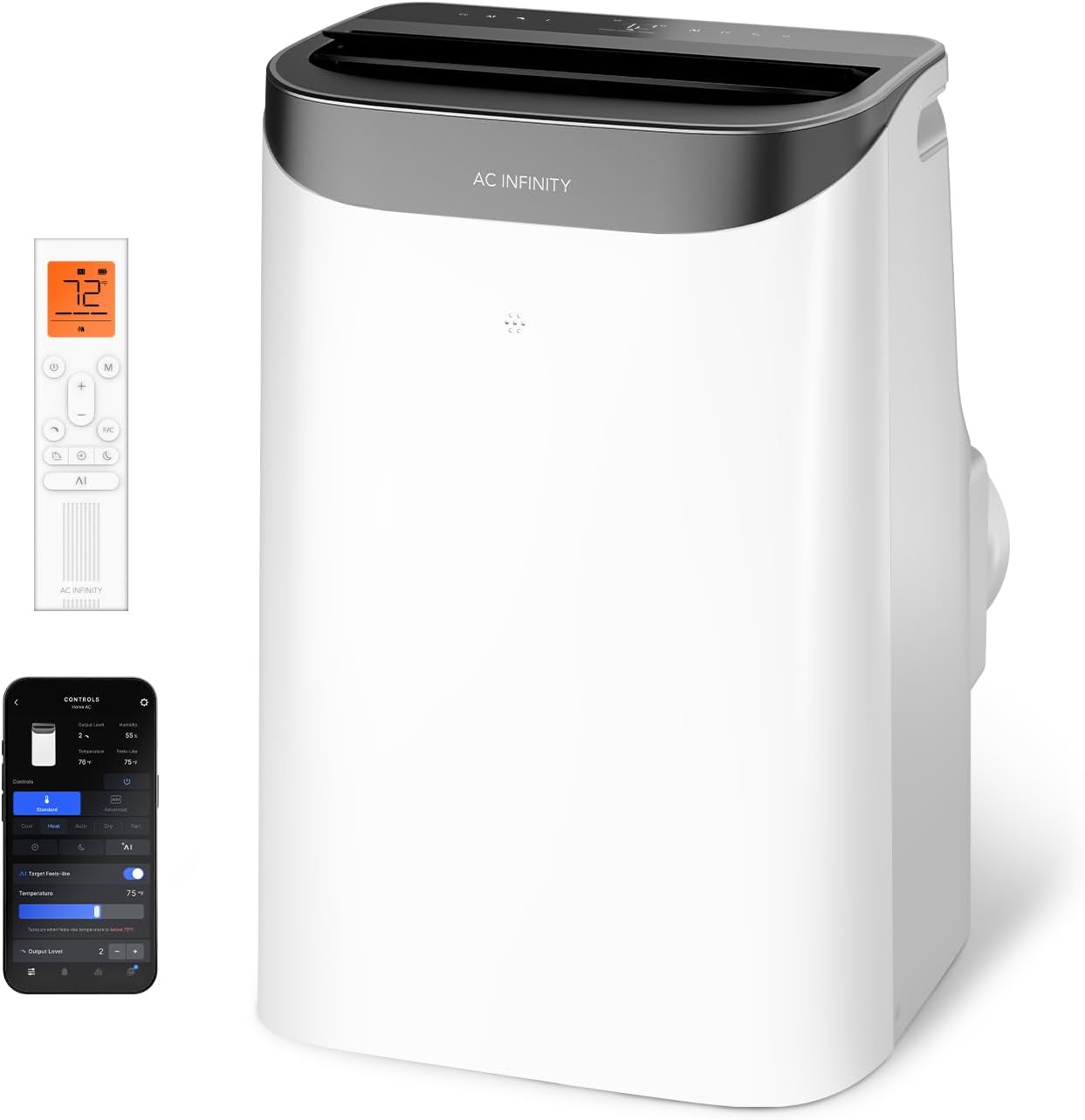 AC Infinity AI Smart Home 5-in-1 Air Conditioner, 12000 BTU, 600 sq. ft., Auto Heating and Cooling, Portable, 48 DB Quiet, Drainage-Free, App/Voice/Remote Control