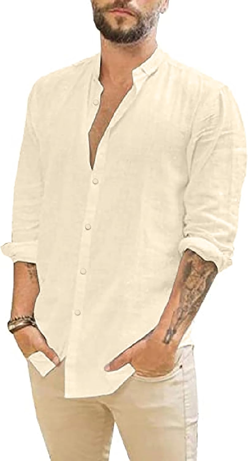 JEKAOYI Mens Summer Casual Long Sleeve Cotton Linen Shirts Button Up Solid Plain Roll-Up Sleeve Beach Shirts