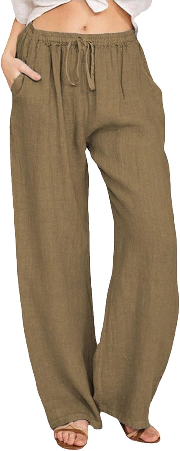 Womens Linen Summer Pants Trendy Casual High Waist Drawstring Loose Fit Lightweight Long Palazzo Gauze Pants 2025