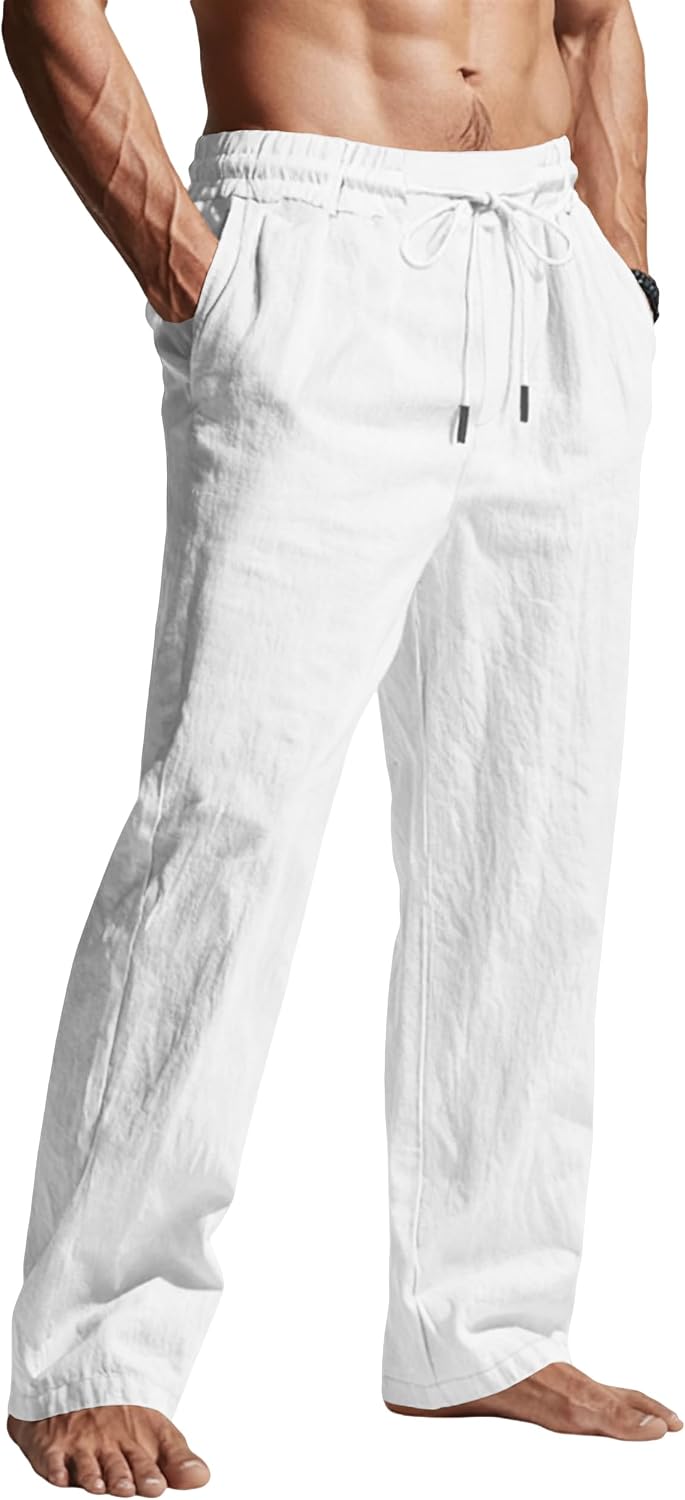 Men's Casual Linen Pants Elastic Waist Drawstring Summer Beach Lightweight Trouser with Pockets