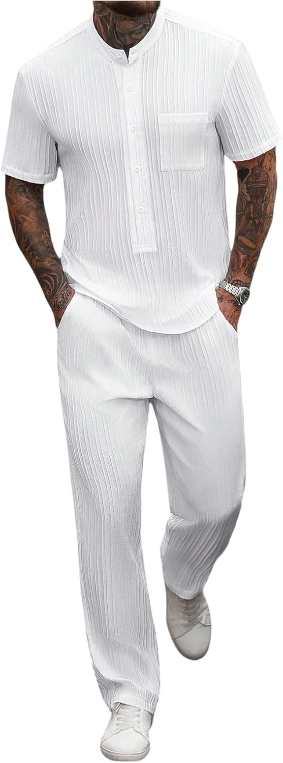 SOLY HUX Men's 2 Piece Summer Outfits Short Sleeve Button Down Shirts and Pants Casual Vacation Set