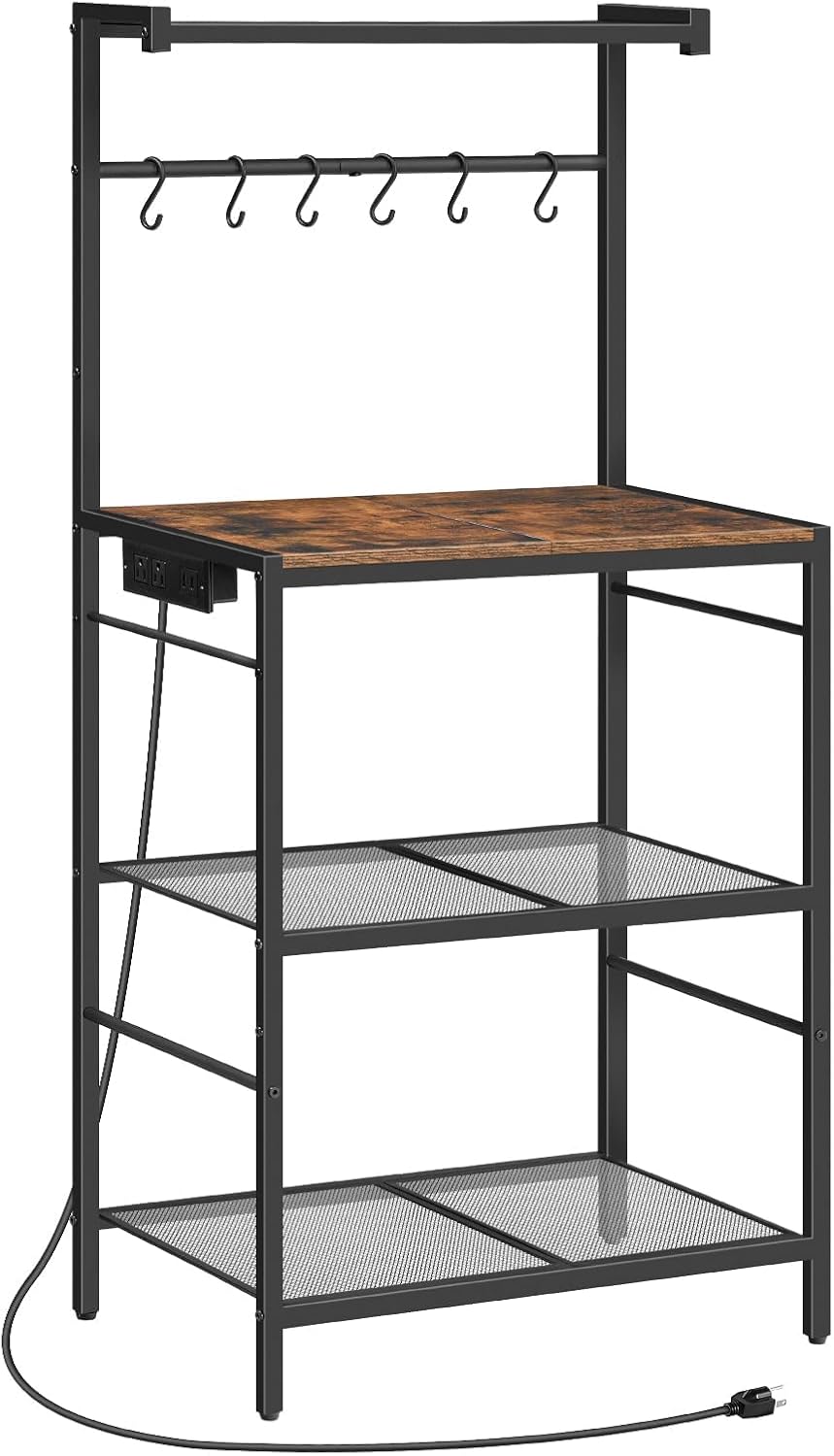 MAHANCRIS Bakers Rack with Power Outlet, Kitchen Storage Shelf with 6 Hooks, Microwave Stand with Storage, 4-Tier Coffee Bar Station, for Kitchen, Dining Room, Rustic Brown BRHR35E01