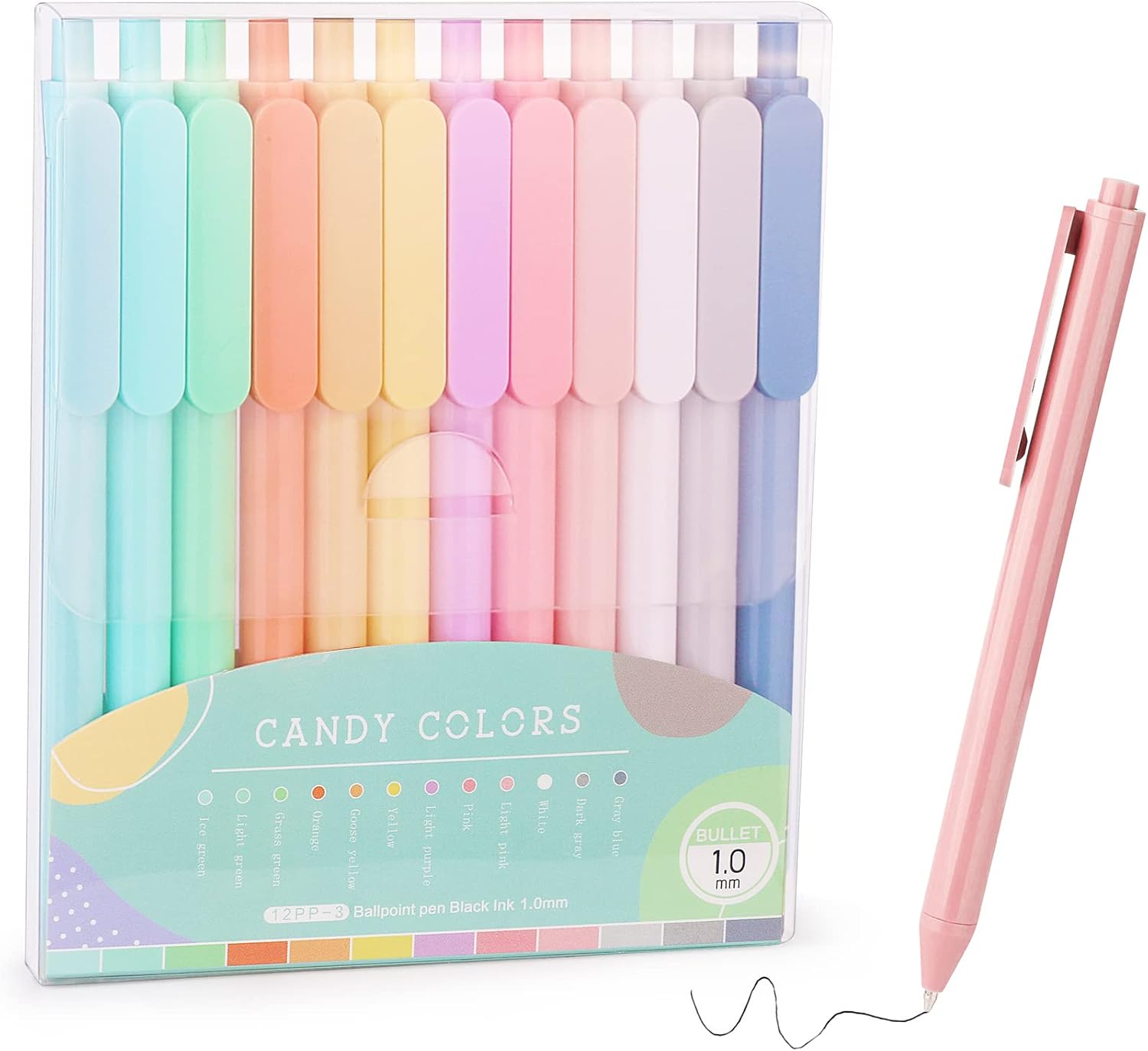 WY WENYUAN 12-Pcs Ballpoint Pens, Comfortable Writing Pens, Pastel Retractable Pretty Journaling Black Ink Medium Point 1.0 mm Gift Pen, Cute Pens Office Supplies for Women