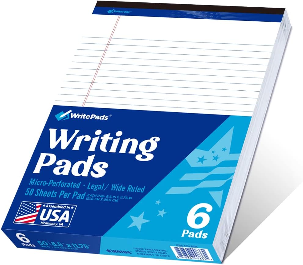6 Pack Legal Note Pads Wide Ruled 8.5" x 11" Writing Pads (50 Sheets/Pad) White Recycled Paper Micro-Perforated Notepad Hard Back Notepads for Office & School Supplies - Made in USA