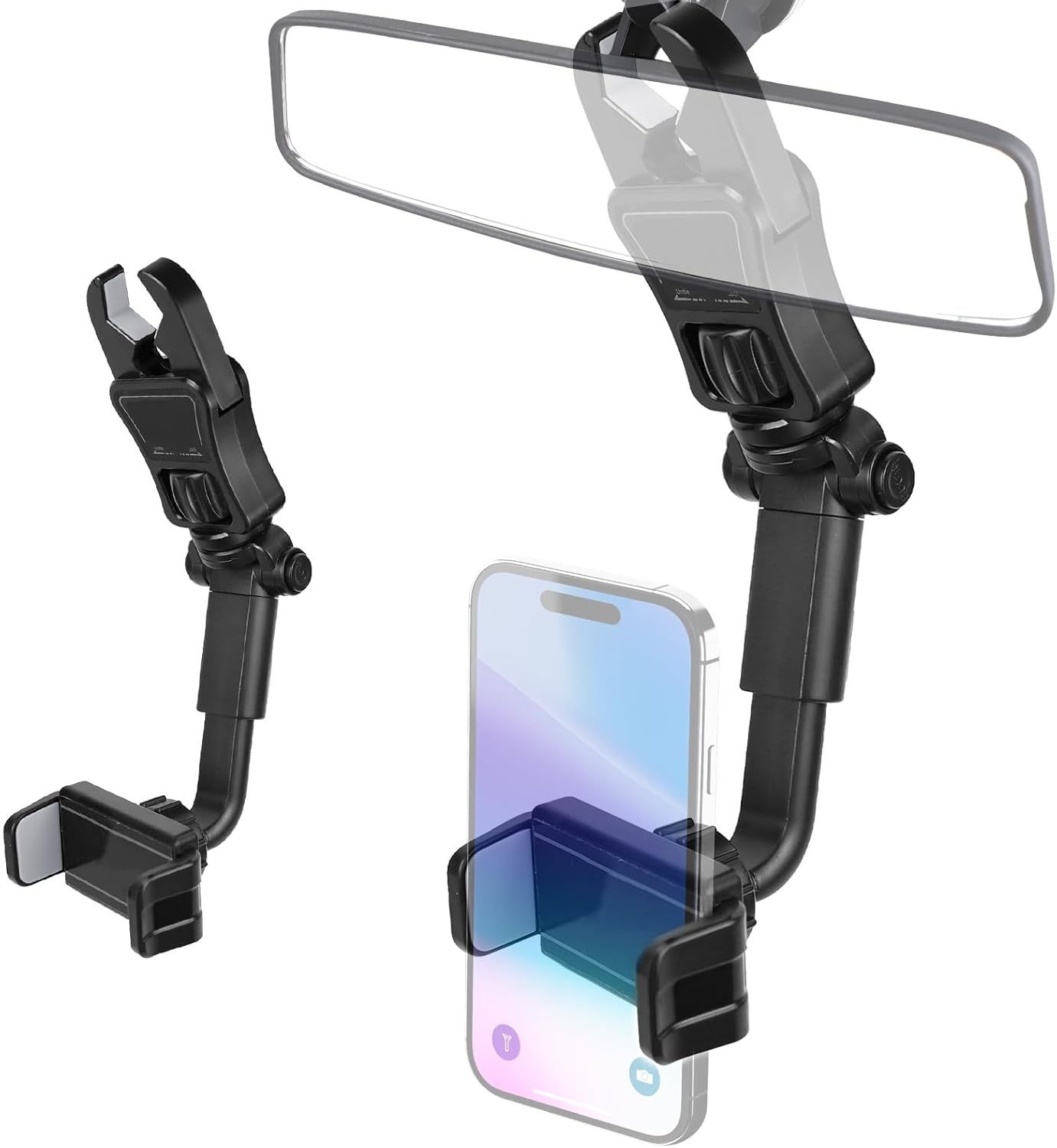 wuyaoyao Rear View Mirror Phone Holder for Car, 360° Rotatable Adjustable Cell Phone Holder for Rearview Mirror & Headrest, Multifunctional Phones Mount Universal for All Smartphones (Black+Gray)