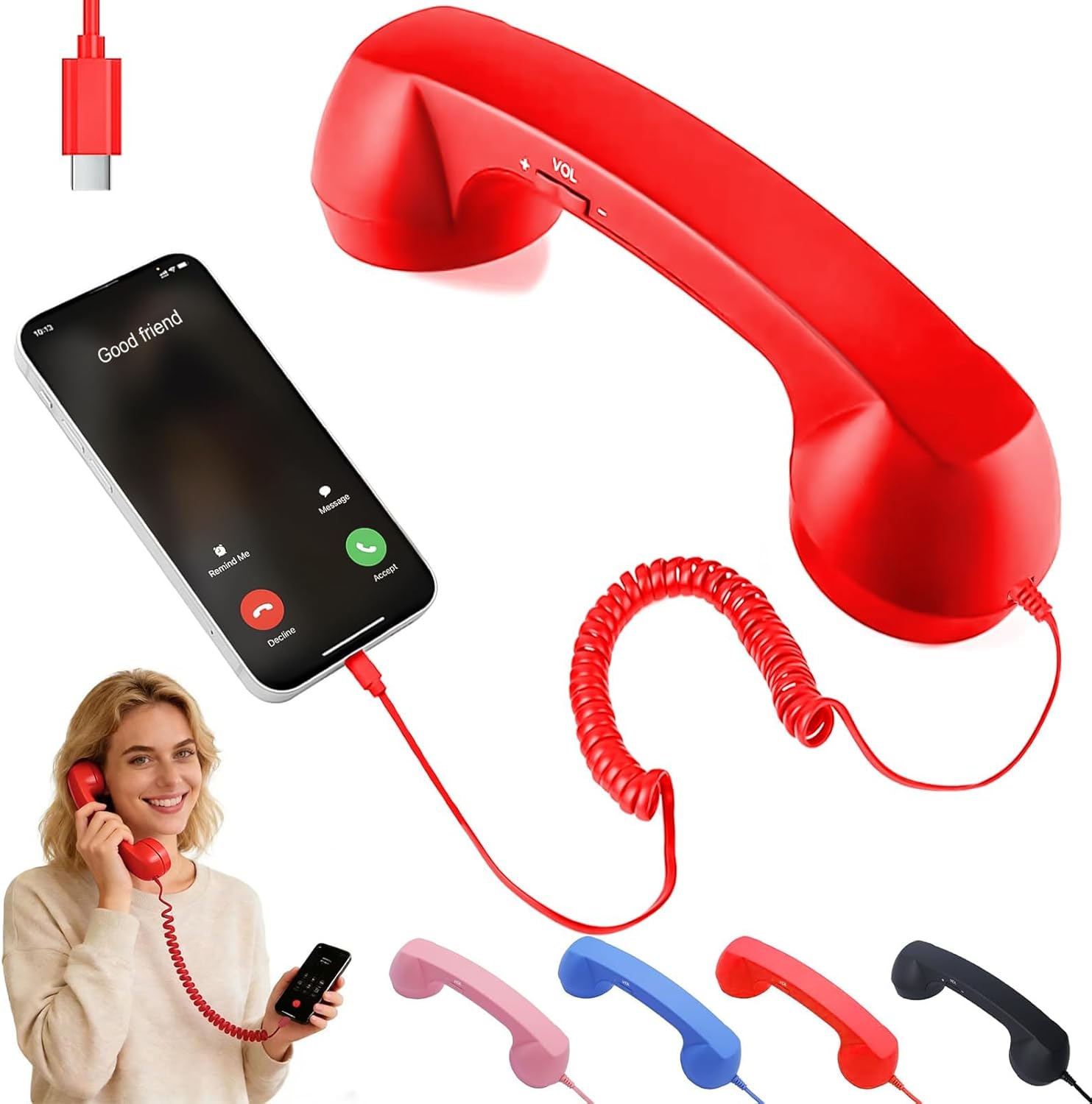 Retro Handset for Mobile Phones – Classic Wired Phone Handset with Type-C Connector, Vintage Landline for iPhone, Android, Smartphone, Call Receiver, Comfortable Grip, Stylish Phone Accessory (Red)