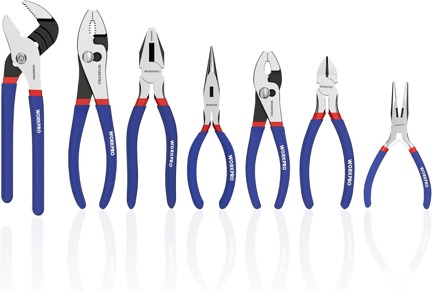 7-piece WORKPRO Pliers Set with Groove Joint, Long Nose, Slip Joint, Linesman, and Diagonal Pliers for DIY & Home Use