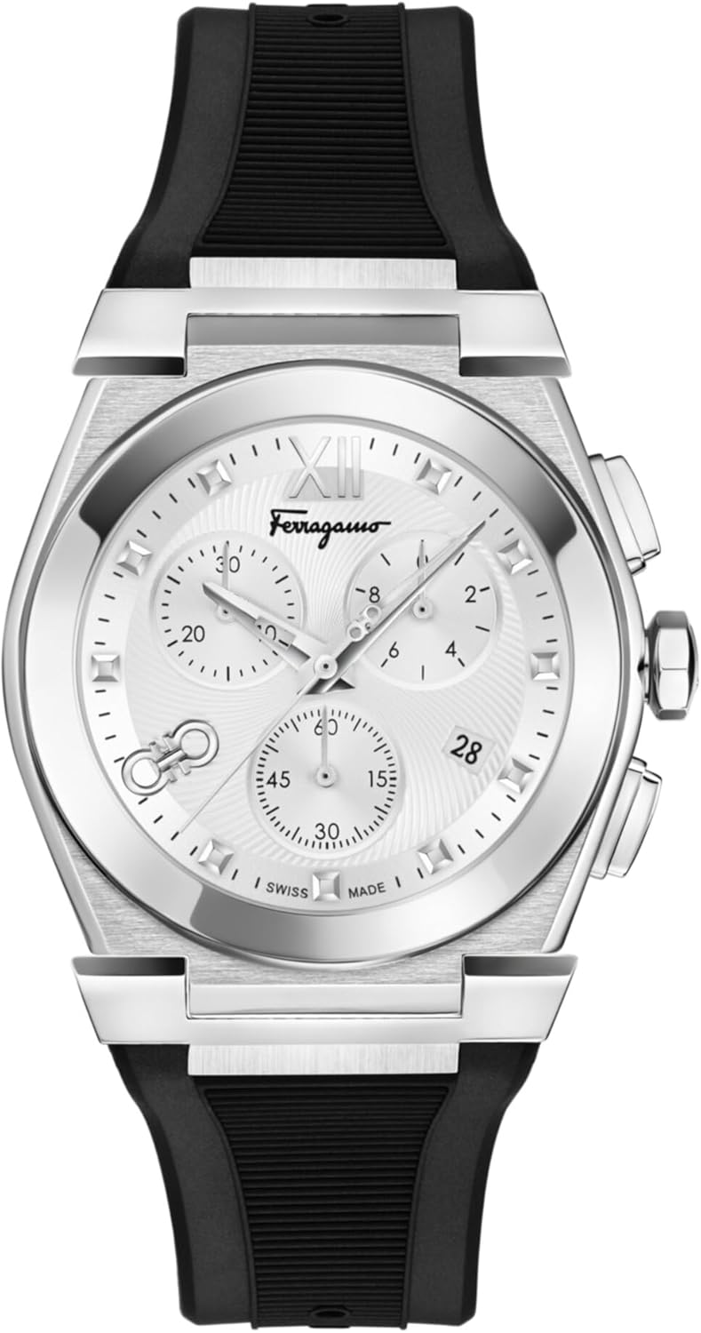 Ferragamo Vega Chrono Men’s Watch, Swiss Made Luxury Designer Watch for Men with Silver Guilloche Dial, 40mm Stainless Steel Case, Black Silicone Strap, Deployant Clasp, 5 ATM