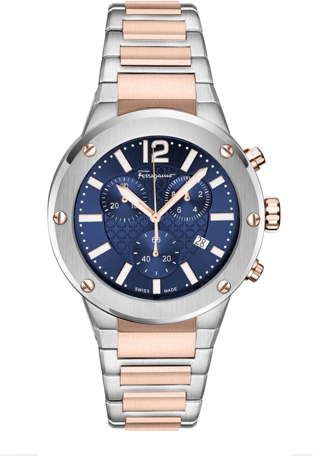 Ferragamo F-80 Chrono Men’s Watch, Swiss Made Luxury Designer Chronograph Watch for Men with Blue Guilloche Dial, Two-Tone 42mm Stainless Steel Case, Bracelet, Deployant Clasp, 5 ATM