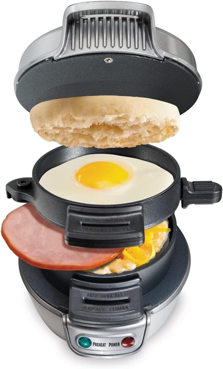 Hamilton Beach Breakfast Sandwich Maker with Egg Cooker Ring | Perfect for English Muffins, Croissants, Mini Waffles | Customizable & Fast | PFAS-Free | Silver | 25475MN