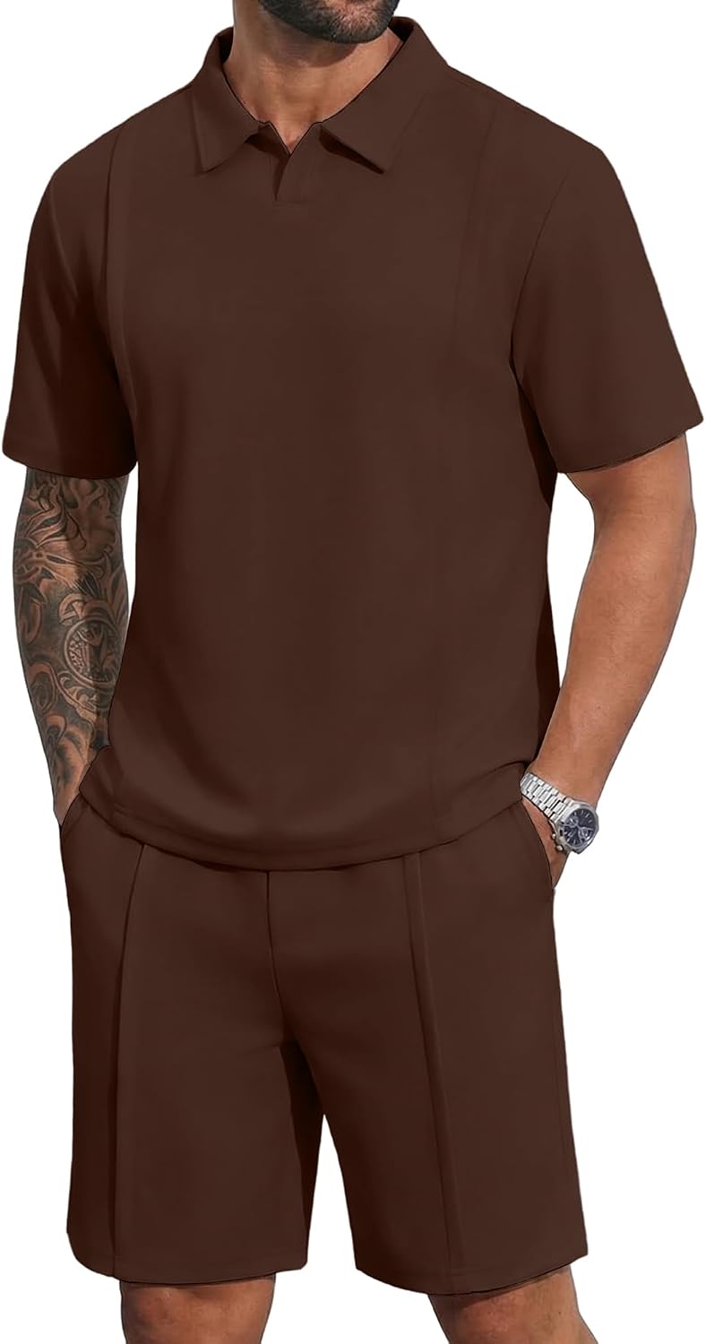 YTD Men's 2 Piece Outfits Casual Short Sleeve Polo Shirts and Shorts Sets Loose Fit Summer Athletic Track Suits