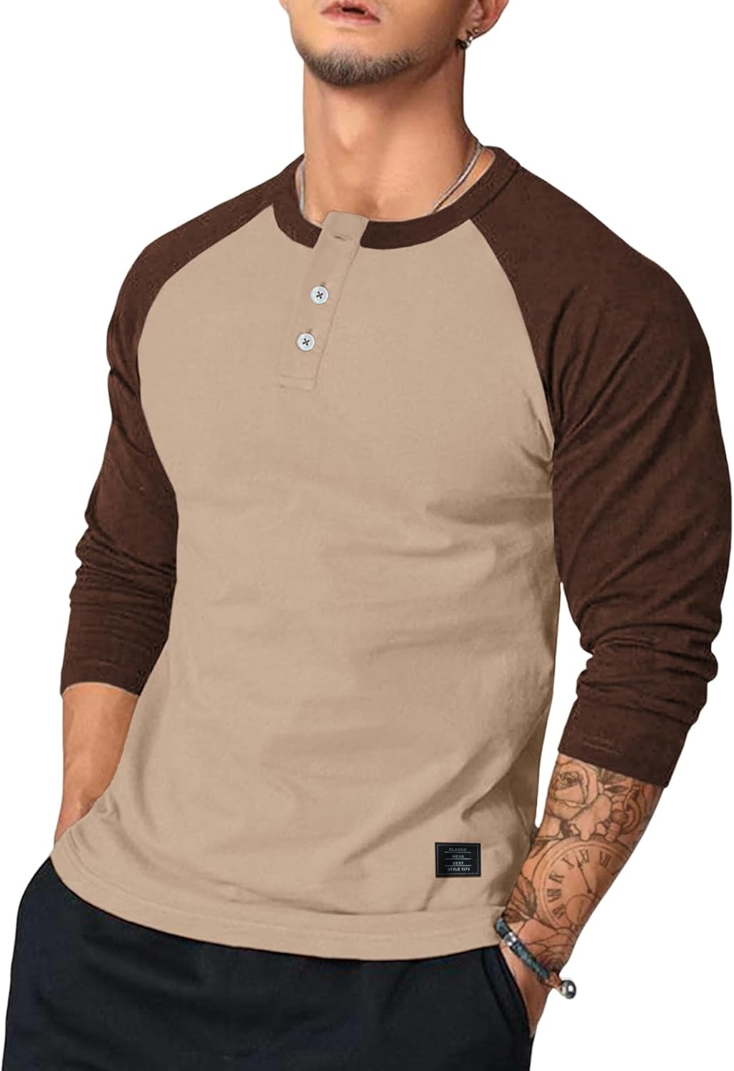 Dokotoo Men Men's Henley Shirt Fall Crewneck Color Block Slim Fit Long Sleeve T Shirts Button Up Tees