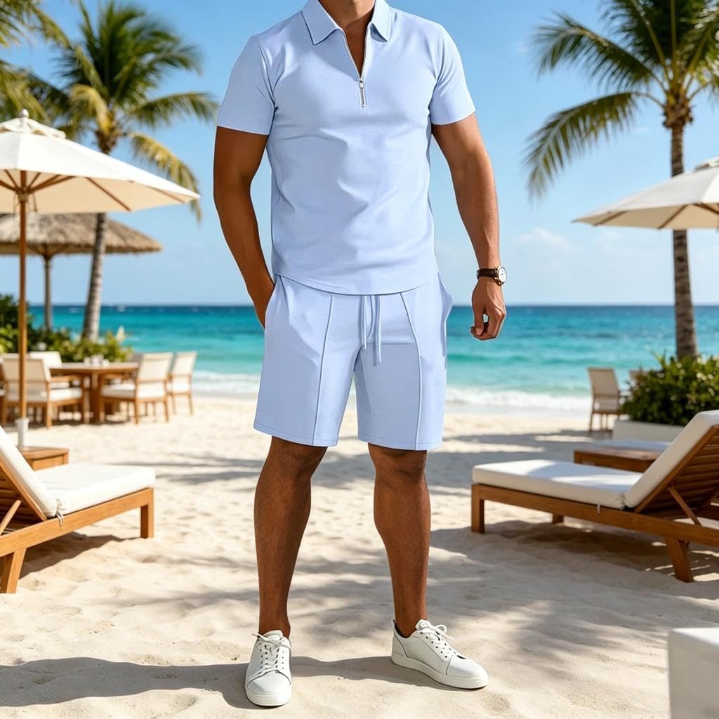 Mens 2 Piece Zip Tracksuit Polo Shirt and Shorts Sets Short Sleeve Summer Casual Outfit