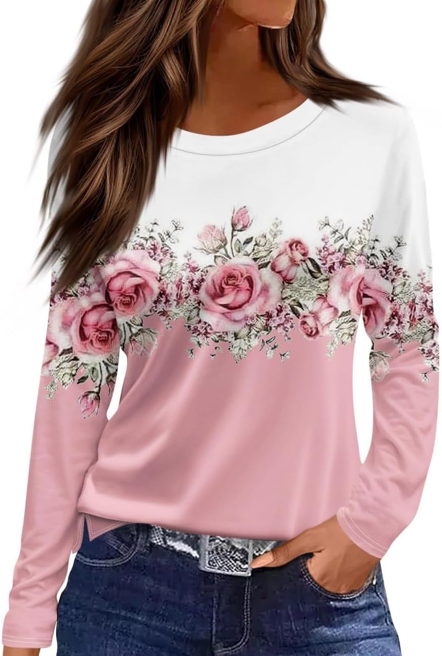 Long Sleeve Shirts for Women Floral Crewneck Workout Cute Blouses Casual Loose Fit Tops Spring Fashion 2026