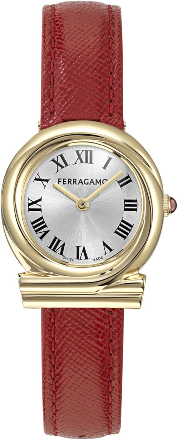 Ferragamo Gancini Twisted Collection Luxury Womens Watch Timepieces with a Red Strap Featuring a Gold Case and a Silver Dial