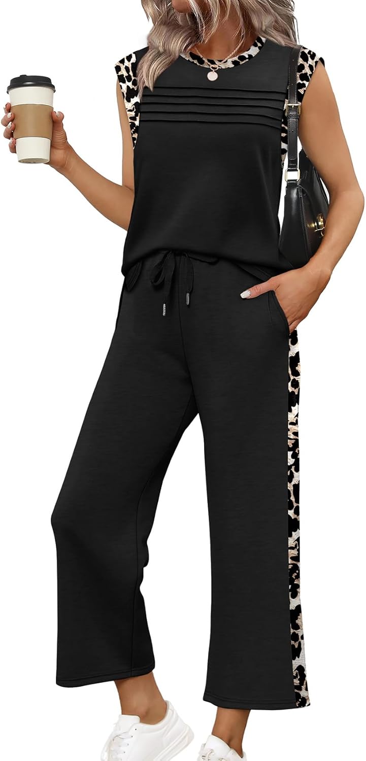 WIHOLL Two Piece Sets for Women Summer Spring Lounge Sets Travel Vacation Outfits Cap Sleeve Side Slit Wide Leg Pants S-3XL