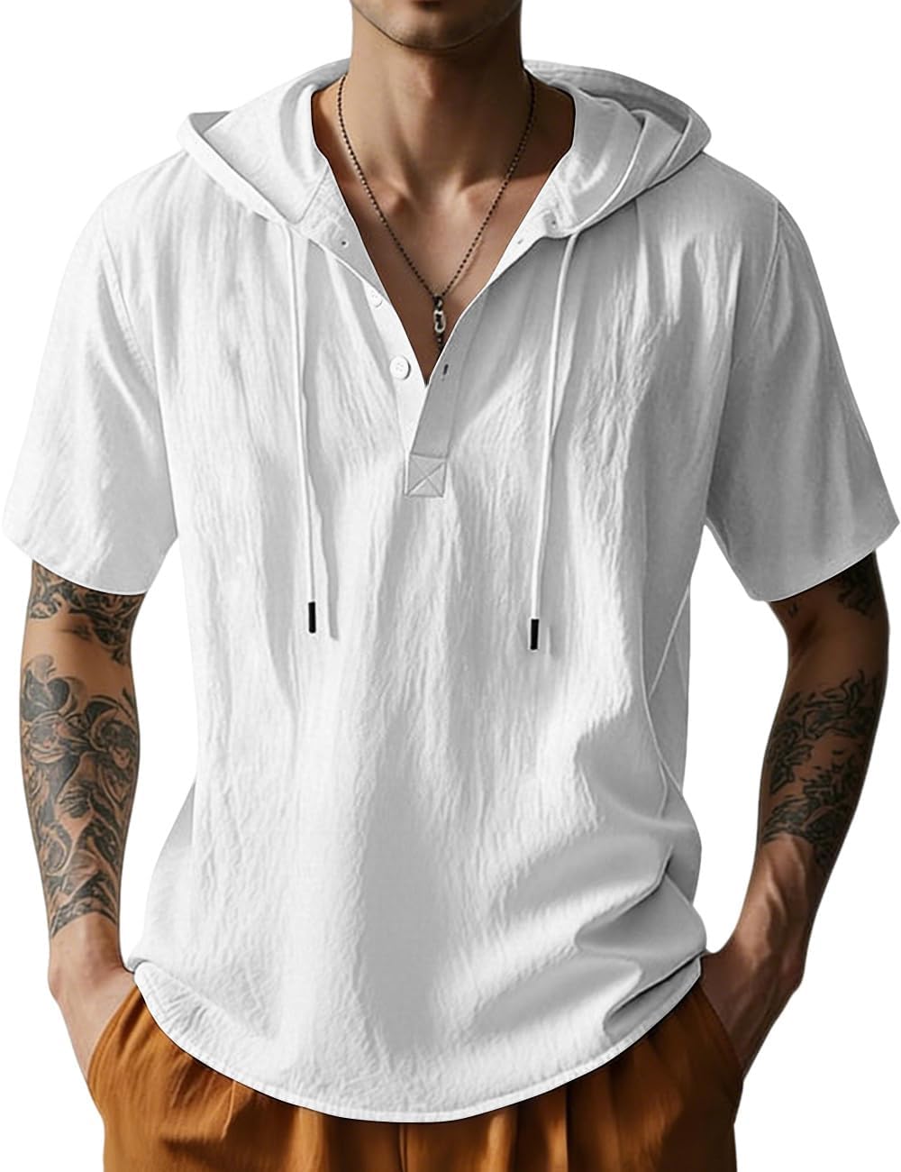 Men's Cotton Linen Shirts Short Sleeve Casual Button Down Hoodies Summer Hawaiian Beach Top with Drawstring