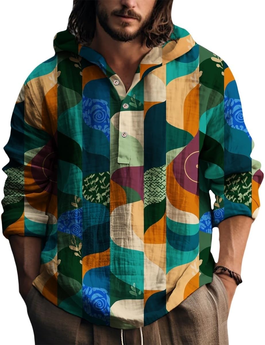 ZOCANIA Mens Long Sleeve Hooded Shirts Men's Japanese Art Tshirt Button Down Shirt Casual Tops for Spring Geometric Tshirts