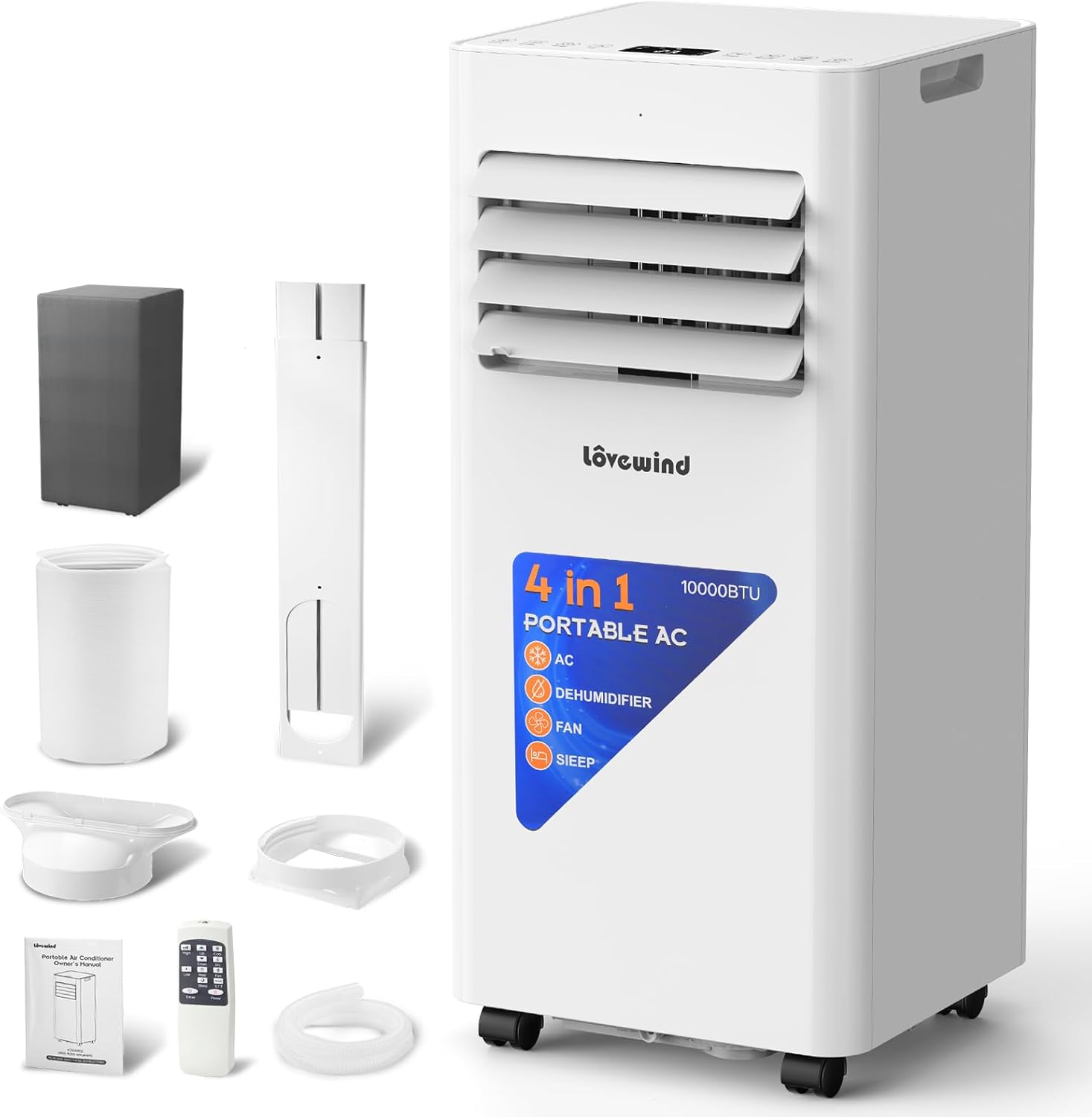 Lovewind 10000 BTU Portable Air Conditioner,4-in-1 Room AC Unit for Bedroom | Cools to 63°F/Covers 450 sq ft/Installs in 10 Mins/4-in-1: Cool Fan Dry 24H Sleep Mode/Rolling Wheel