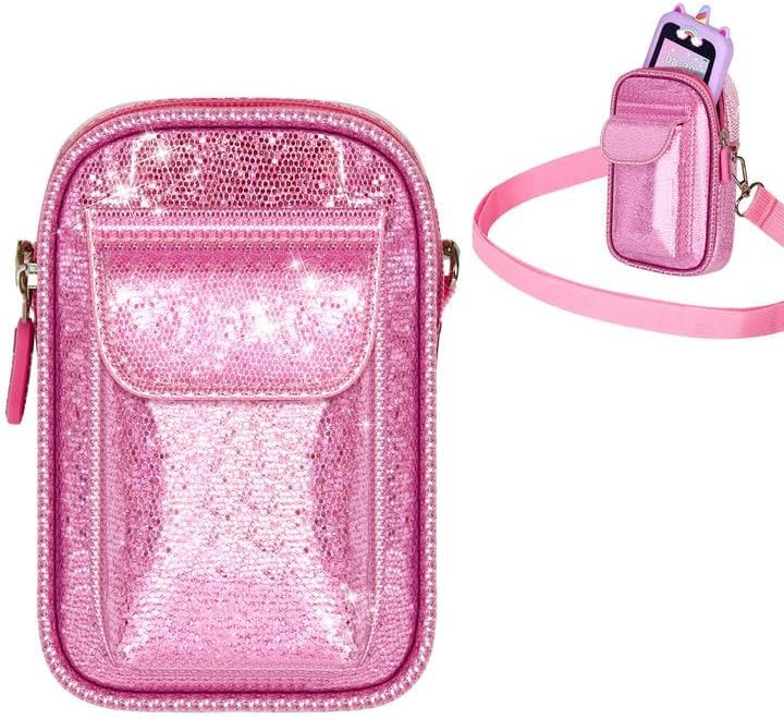 Kids Smart Phone for Girls Universal Bag for Luyiilo/for Luoba/for Yosfeng/for WEOLULI and More, Glitter Powder Bag with Removable Shoulder Strap Fits Toddler Phone/Data Cables/SD Cards - Pink