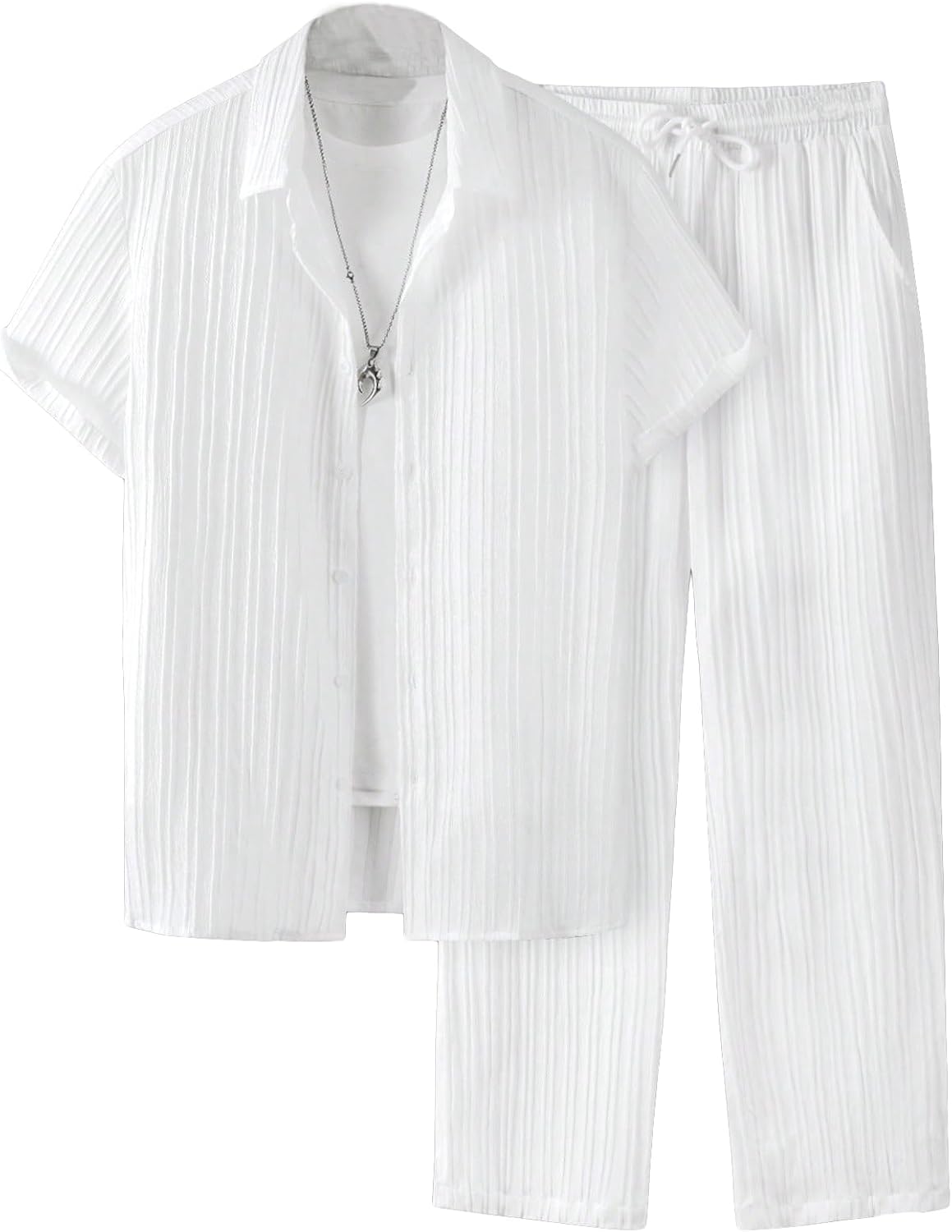 QJQ Men's 2 Piece Outfits Short Sleeve Button Down Shirts Beach Texture Pants Summer Casual Vacation Set