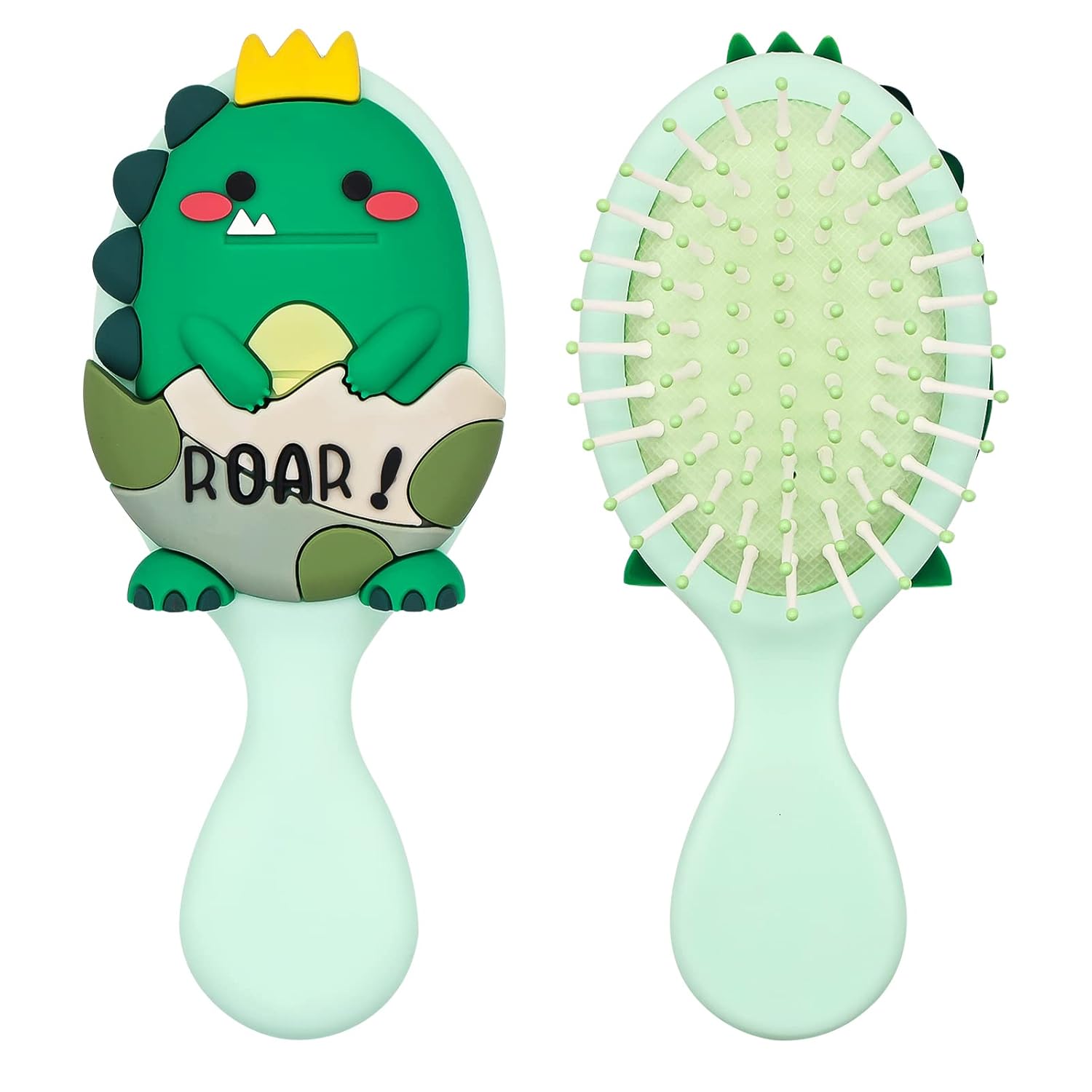Toddler Hair Brush for Baby, Dinosaur Air Cushion Brush - Green | Rounded nylon pins and air cushion gently brush and massage the scalp; mini travel size with soft silicone dinosaur back