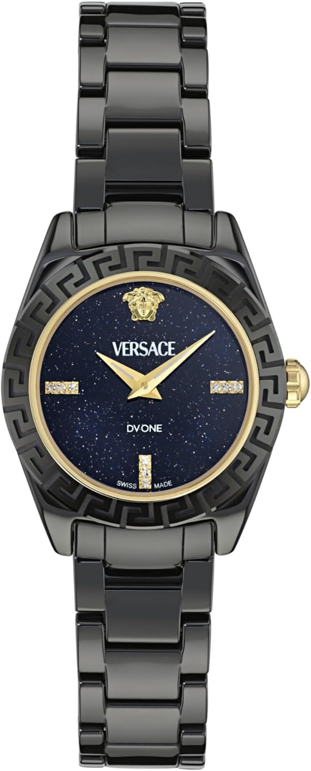 Versace DV One Mini Women’s Watch, Swiss Made Luxury Designer Ceramic Bracelet Watch with Blue Stone Dial, 28mm Black Ceramic Case, Deployant Clasp, 3 ATM