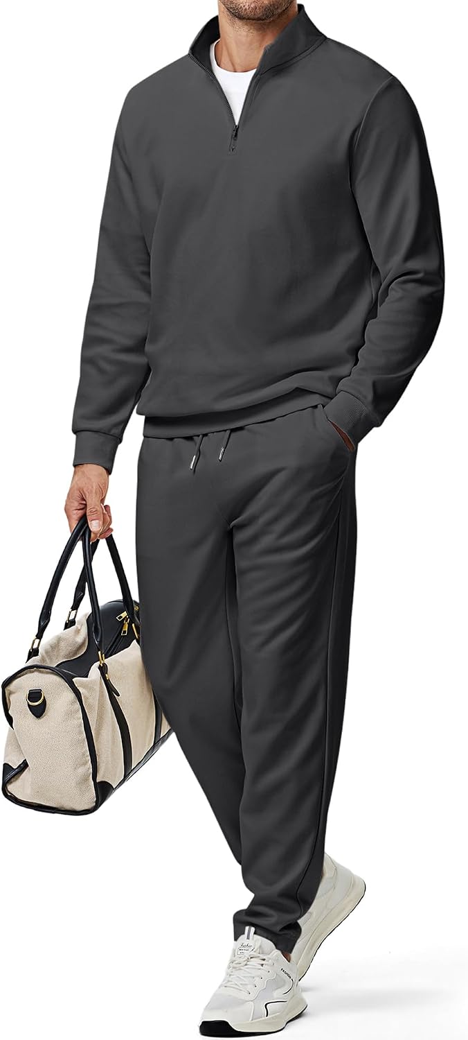 JMIERR Men Spring Lightweight Tracksuit 2 Piece Set Polo Quarter Zip Twill Sweatsuits Jogging Sweatpants Loungewear
