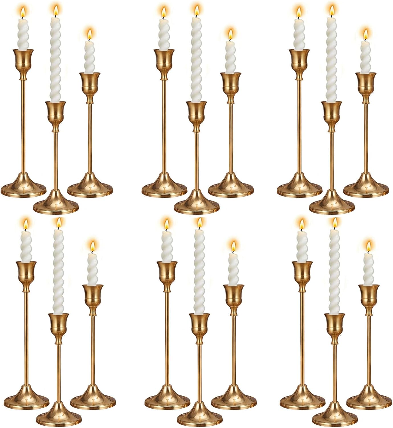 6 Sets Candle Holder Brass Gold Candlestick Holders - Vintage Modern Metal Taper Candle Holders, Decorative Centerpiece for Table Mantel, Wedding Kitchen Home Decor, Wedding Gift,18Pcs