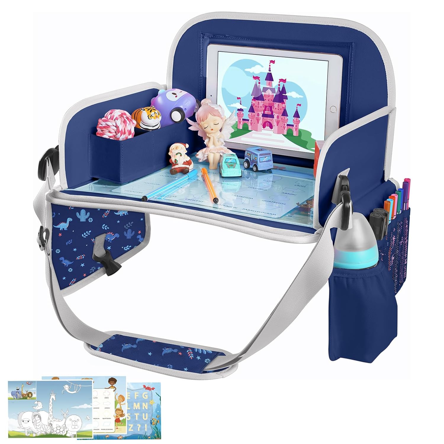 MENZOKE Kids Travel Tray for Toddler Car Seat, Road Trip Essential Lap Tray | Toddler Gift for Boy Activities with Dry Erase Board, iPad Holder Stand, Cooler Cup Holder & Adjustable Strap, Dark Blue