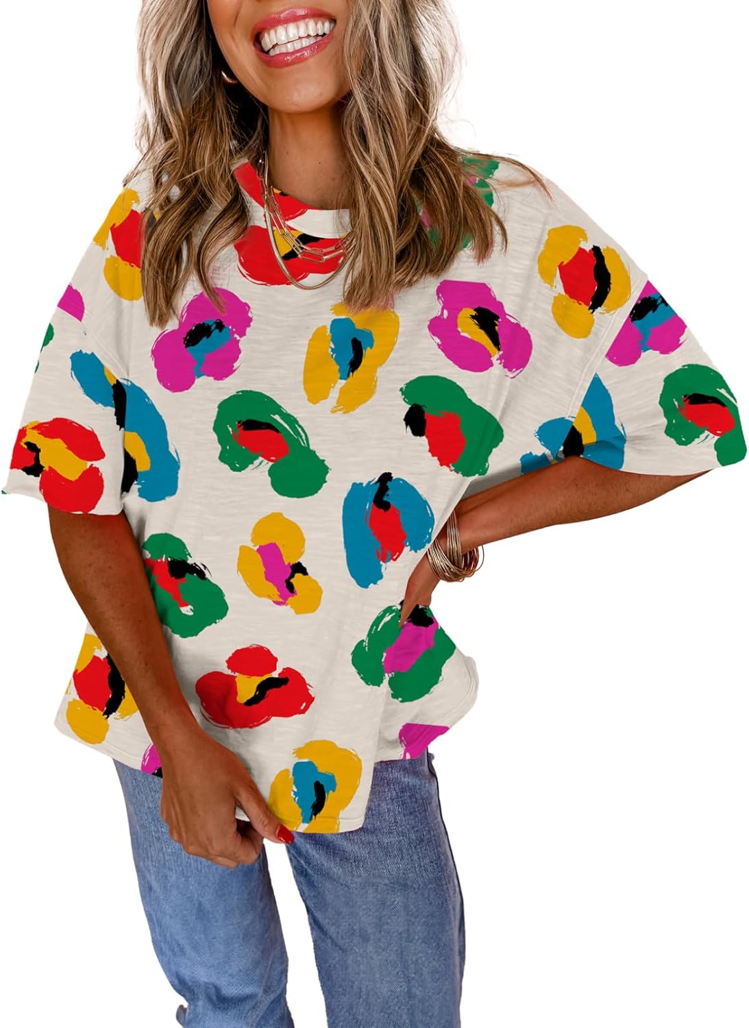 Astylish Women 2026 Abstract Print Blouses Casual Short Sleeve Crewneck Chic Boho Tops Loose Fit Flowy Tunic