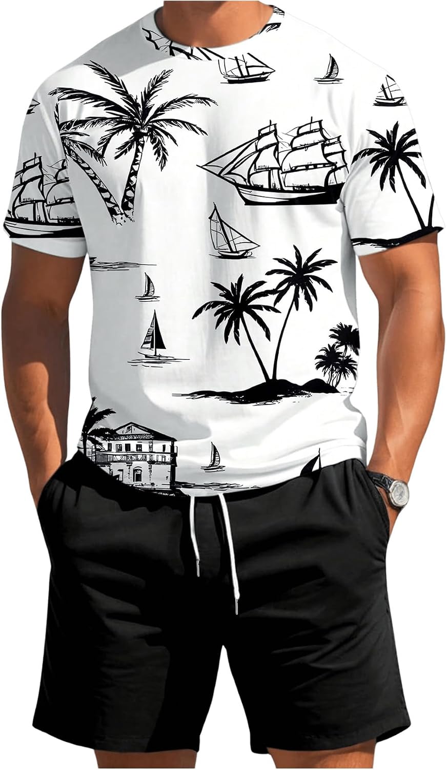 RoseSeek Men's 2 Piece Outfits Tropical Graphic Short Sleeve T-Shirt and Drawstring Waist Shorts Sets