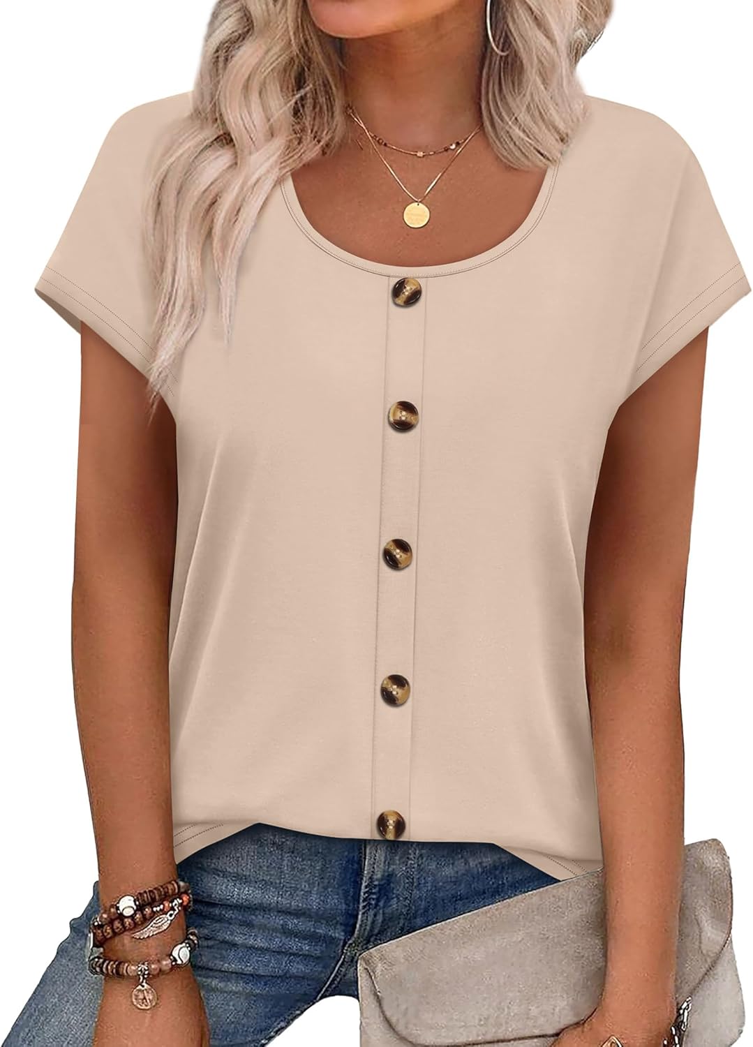 WIHOLL Womens Summer Tops Cap Short Sleeve Shirts Button Down Blouses U Neck T Shirts Fashion Clothing