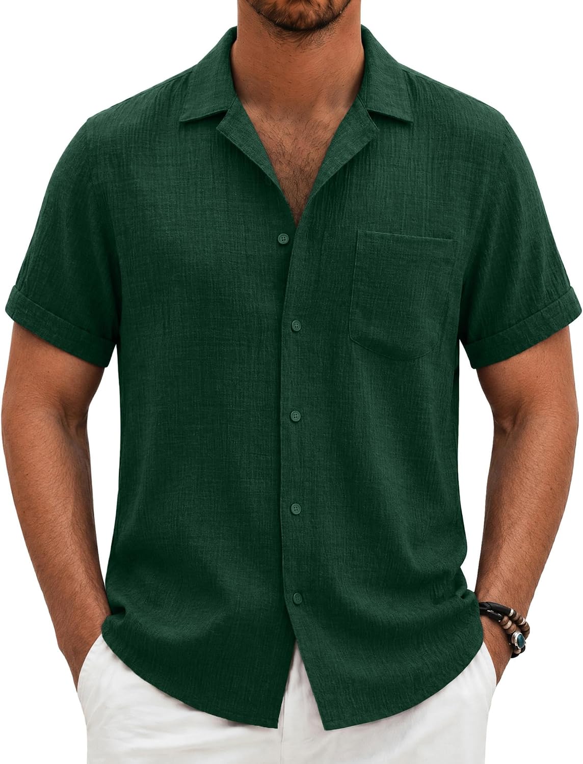 COOFANDY Men Short Sleeve Button Down Shirts Summer Linen Textured Shirt Casual Beach Tops with Pocket