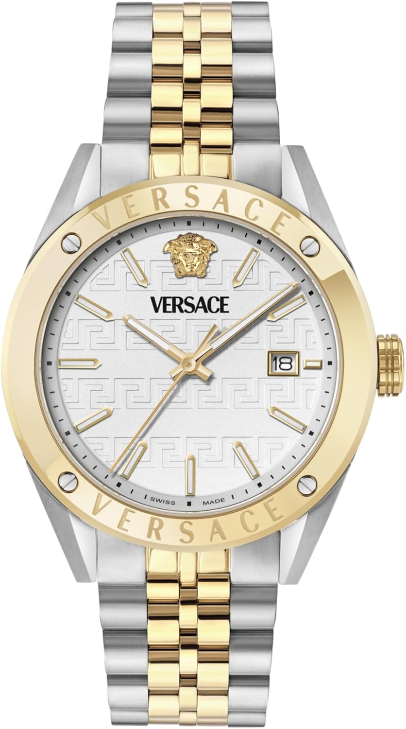 Versace Athletic Collection Luxury Mens Watch Timepieces with a Two Tone Bracelet and Case Featuring a White Dial