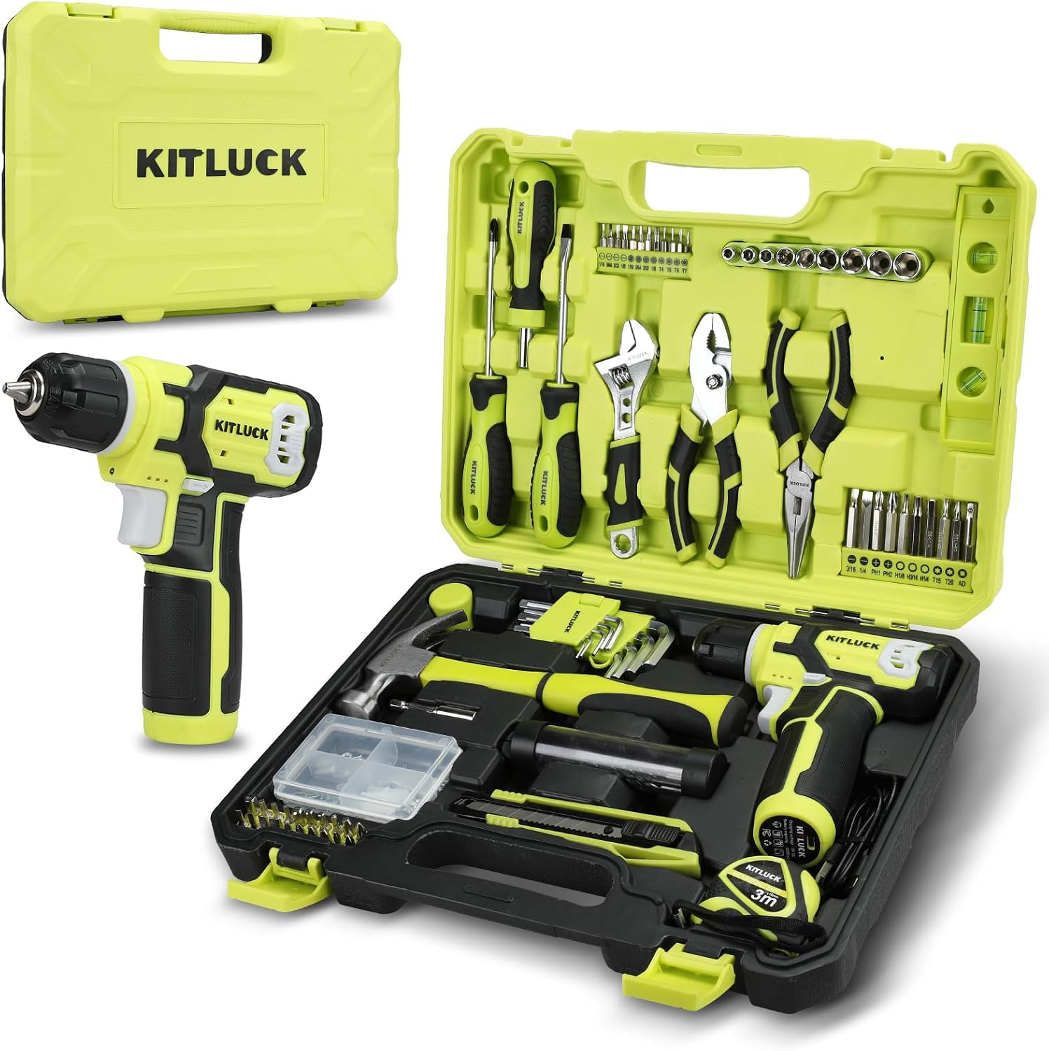 KITLUCK Power Drill Set, 180Pcs Home Hand Tool Kit with 8V Drill, Portable Tool box Kit with Screwdriver, Plier, Wrench, Socket, Harmer, Household Cordless Drill Set for Men Women Home