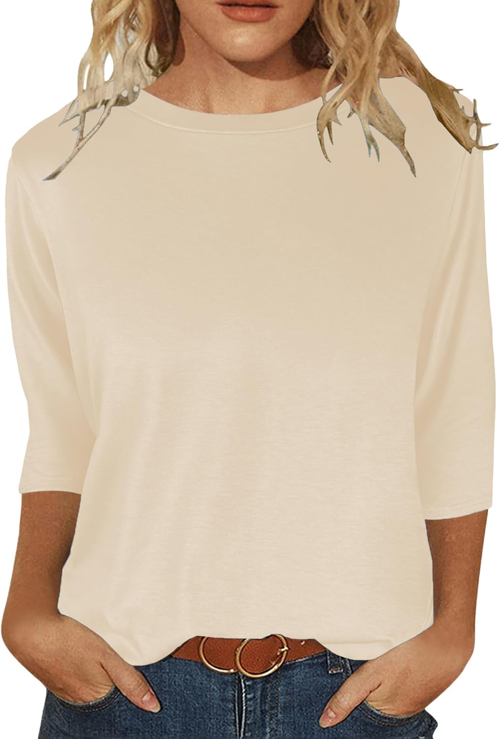 JomeDesign Womens Tops 3/4 Sleeve Shirts Round Neck Loose Casual Blouses Solid Color Tshirts