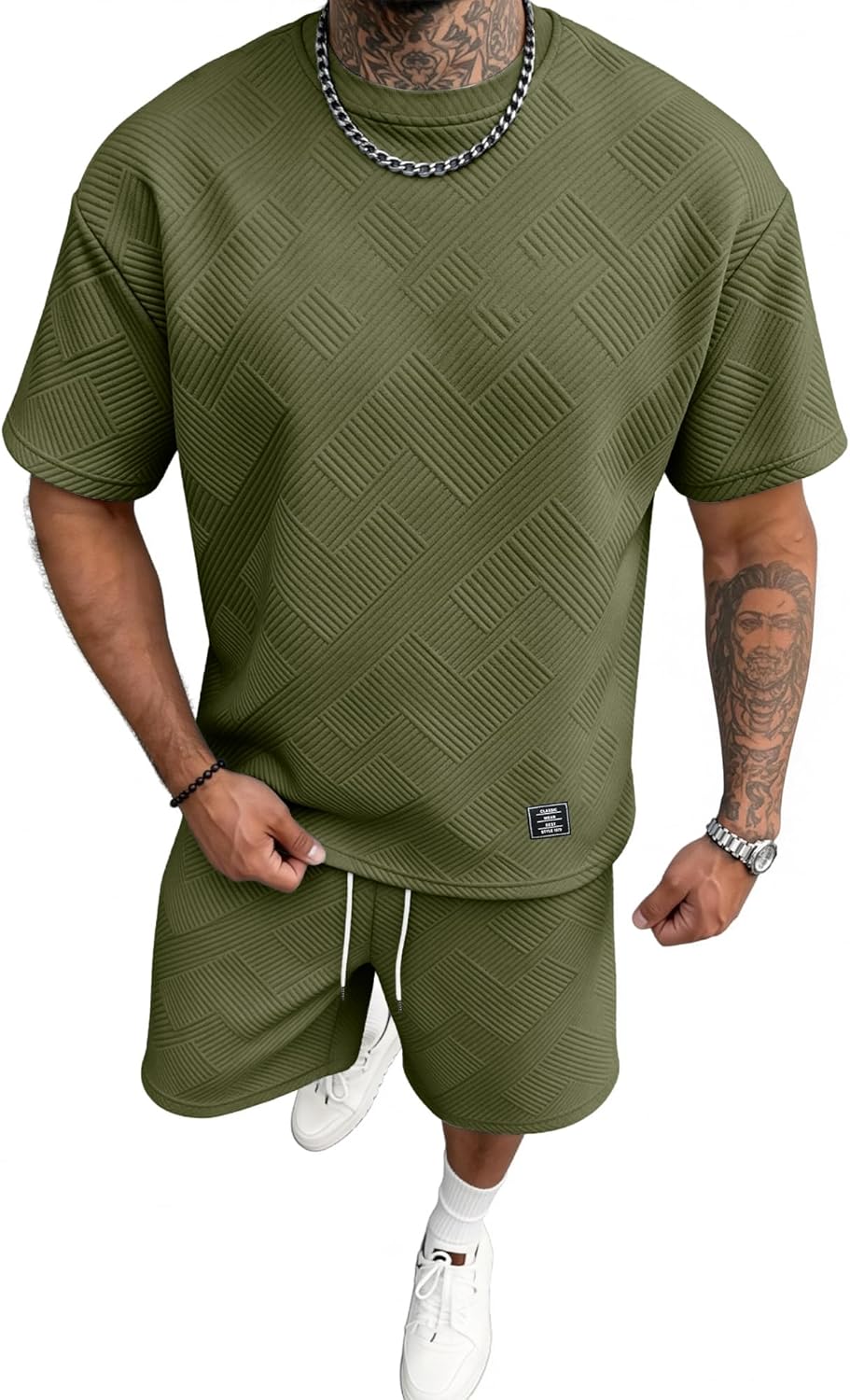 JEMLDL Men's Summer 2 Piece Set Jacquard Texture Short Sleeve T-Shirt & Shorts Outfit Casual Lounge Wear