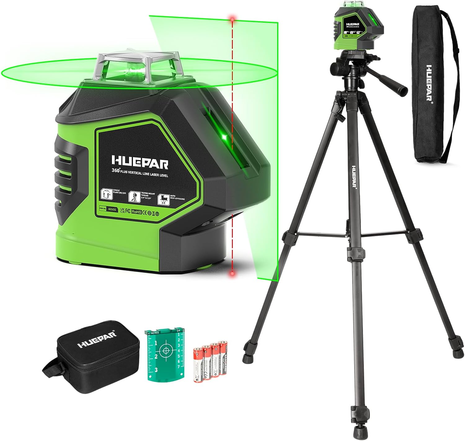 Laser Level with Tripod 60 Inch, Huepar Self Leveling Laser Level with 2 Plumb Dots -Green Cross Line Laser Leveler Tool with 360° Horizontal and 140° Vertical Line for Construction & Home Use 621CGT