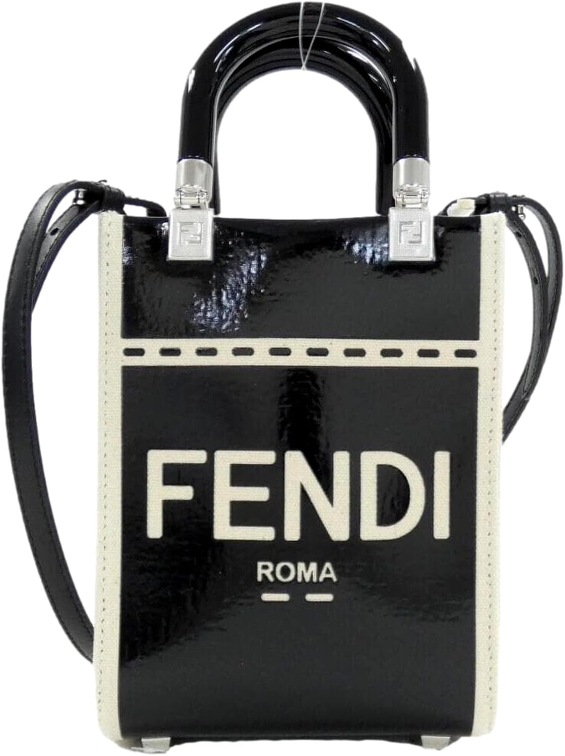 FENDI FF Mini Bag Shopper Tote Crossbody Bag Leather and Canvas Black 8BS051