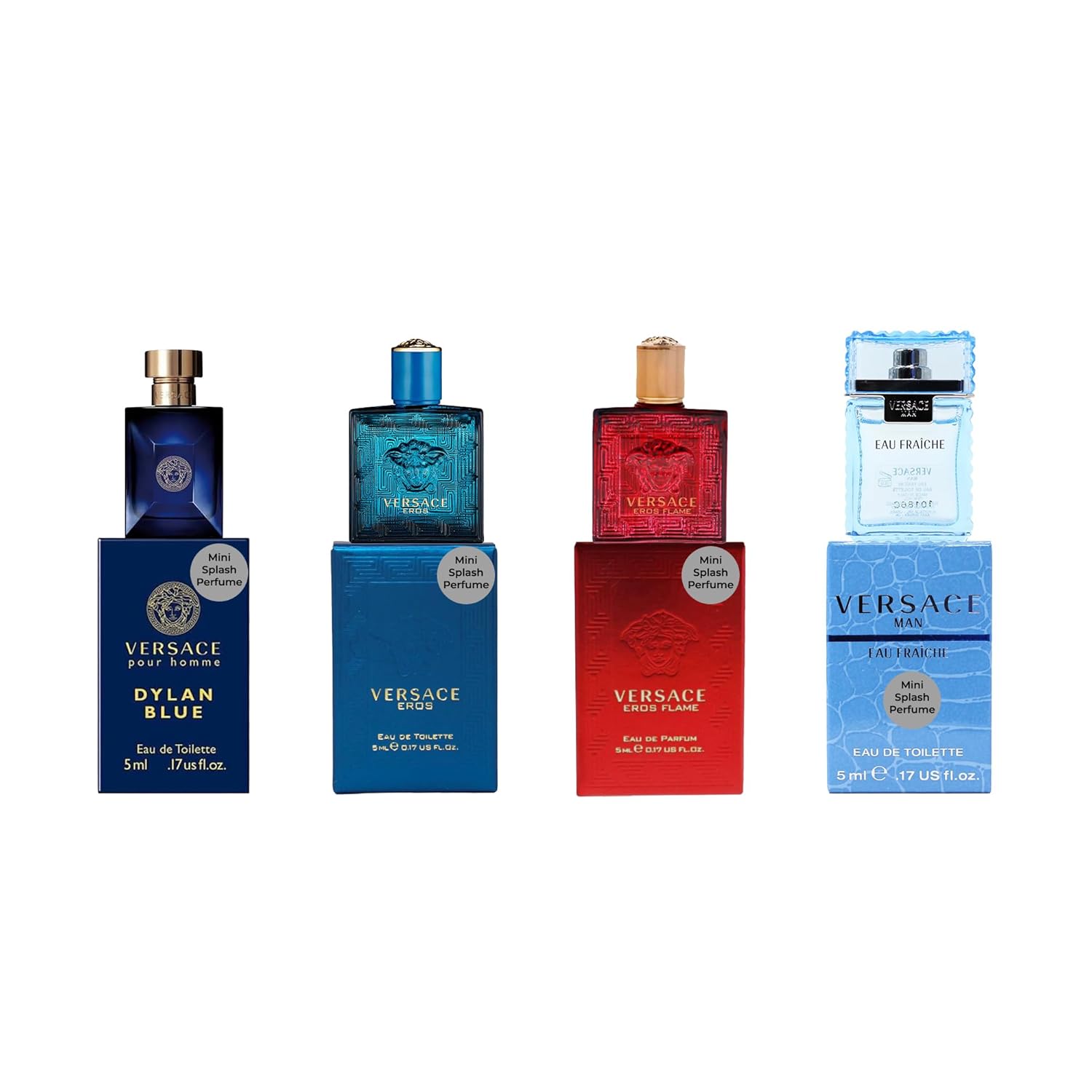 Versace 4 Piece Mini Gift Set for Men | Includes Eros, Dylan Blue Pour Homme, Eau Fraiche, Eros Flame EDP, Mini Sampler Gift Set