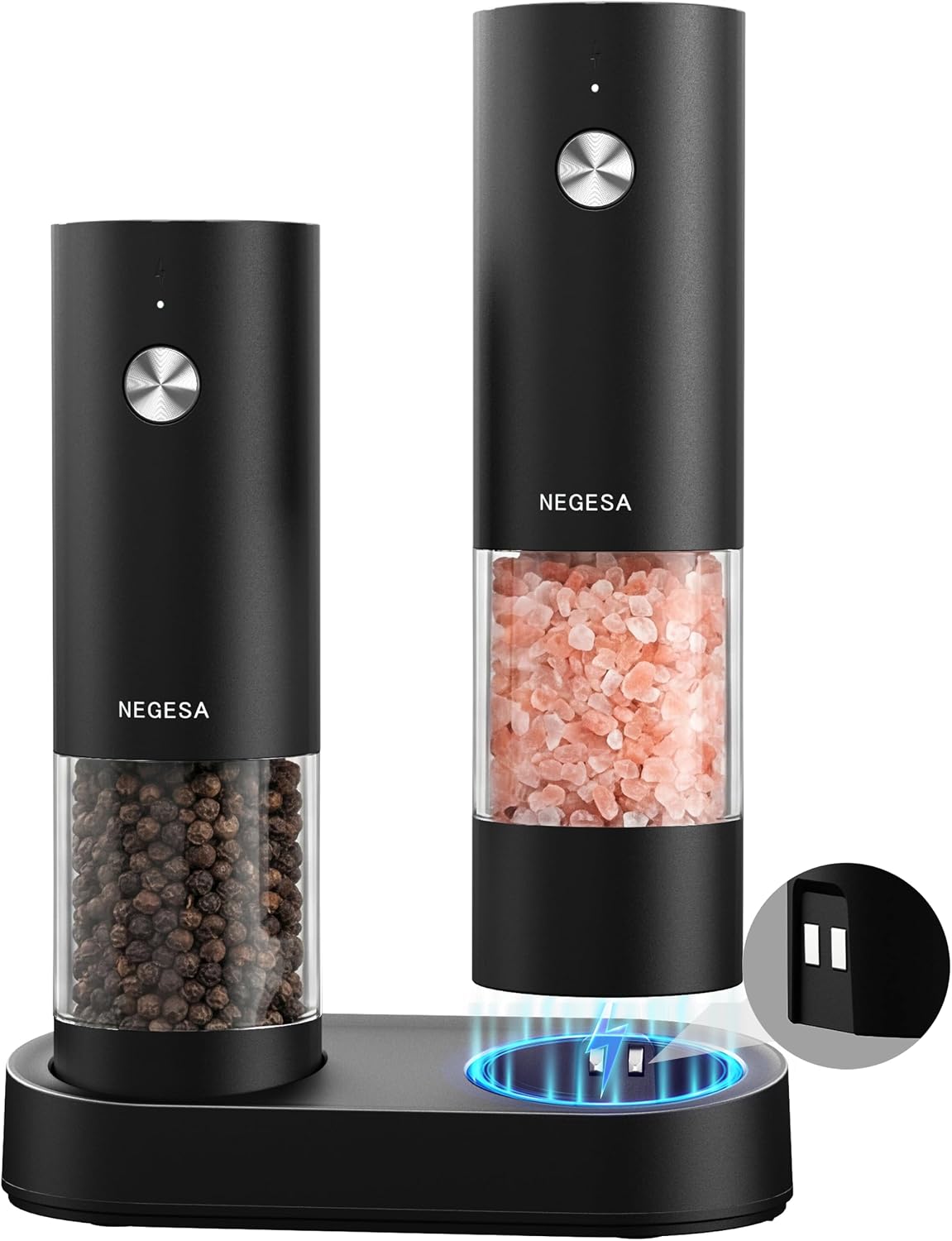 Electric Salt and Pepper Grinder Set, Rechargeable USB Base, Automatic One-Hand Operation, 6 Adjustable Coarseness, 140ml Capacity, LED Light, Refillable for Kitchen, Housewarming Gift